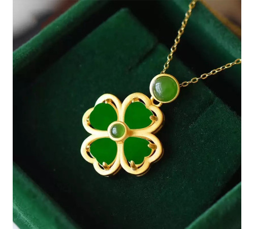 Золота підвіска із зеленим турмаліном Чотирилиста конюшина грошовий талісман