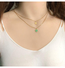 Підвіска подвійна золота з подвійним чотирилистним конюшиною зелений для удачі та захисту