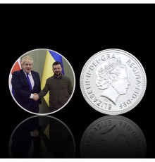 Срібна монета Президент Зеленський і прем'єр-міністр Борисбокс Її Величності королева Єлизавети II