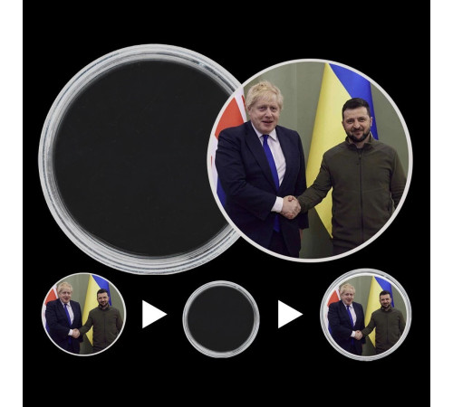 Срібна монета Президент Зеленський і прем'єр-міністр Борисбокс Її Величності королева Єлизавети II