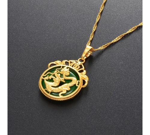 Золота підвіска Дракон із Зеленим обсидіаном влади, багатства, сили, відваги, справедливості, плодородство, захист
