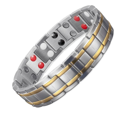 Магнітний турмаліновий браслет 5в1 титановий із позолотою для здоров'я, енергії та сил