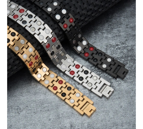 Турмаліновий браслет із магнітами широкий Energy 5в1 Сільвер-Голд 24К