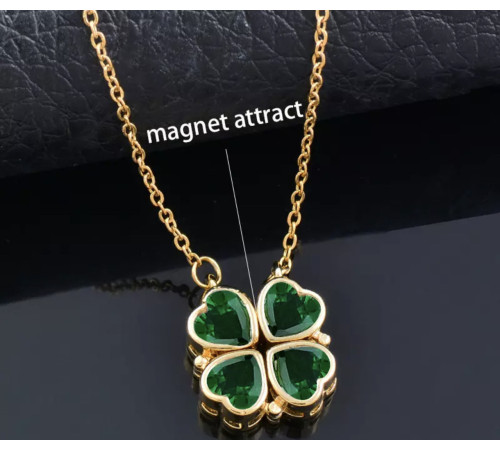 Золота підвіска Чотирилиста конюшина із зеленим турмаліном і магнітами грошовий талісман для удачі