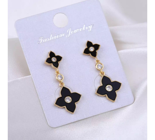 Золоті Сережки з Чотирилистним Клевером із фіанітами для удачі в чорному кольорі