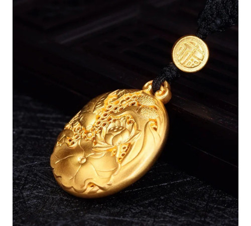 Золота підвіска Півонії з Рибою для процвітання і сили мовлення й любові, удачі з символом Фук