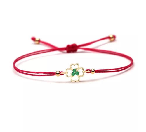 Браслет червона нитка з чотирилистним конюшином і зеленим фіанітом для великих грошей