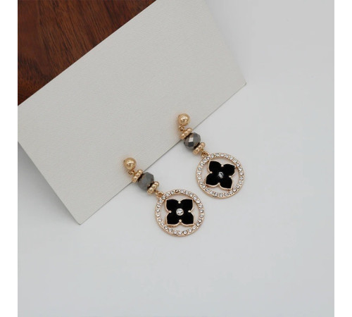 Золоті Сережки з Чотирилистним Клевером із гематитом і фіанітами для удачі в чорному кольорі із золотом