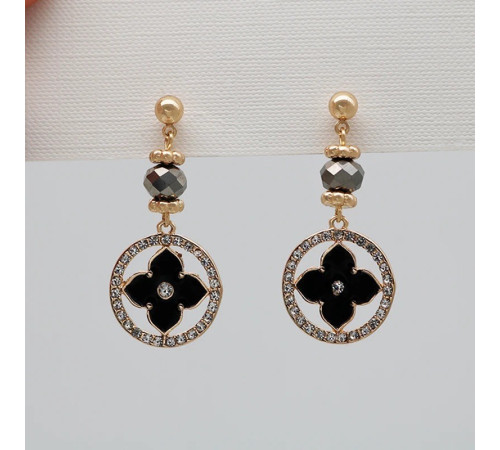 Золоті Сережки з Чотирилистним Клевером із гематитом і фіанітами для удачі в чорному кольорі із золотом