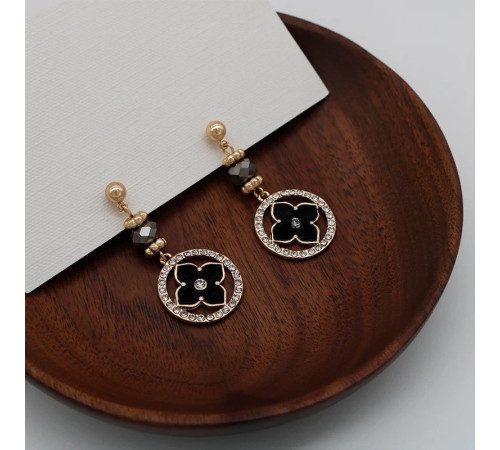 Золоті Сережки з Чотирилистним Клевером із гематитом і фіанітами для удачі в чорному кольорі із золотом