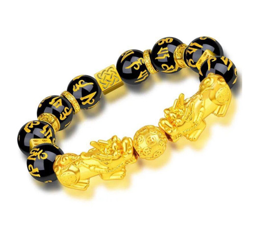 Браслет Пі Яо з оніксу з мантрами «Ом Мані Паді Хум» для подвійного багатства та довголіття
