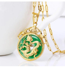 Золота Підвіска Щасливий Дракон із зеленим нефритом для достатку удачі, багатство та процвітання, захист