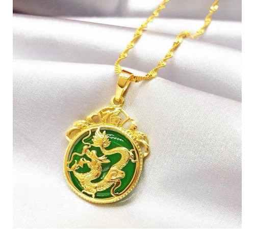 Золота підвіска Чарівний Дракон із нефритом для достатку, удачі, щастя, багатство та здоров'я