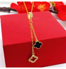 Золота підвіска Чотирилистий Конюшина з чорним агатом і фіанітами приносить удачу, гарні новини, захист