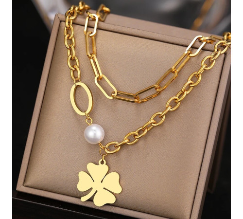 Золота підвіска Чокер Чотирилистий конюшина з перлиною на удачу та здоров'я