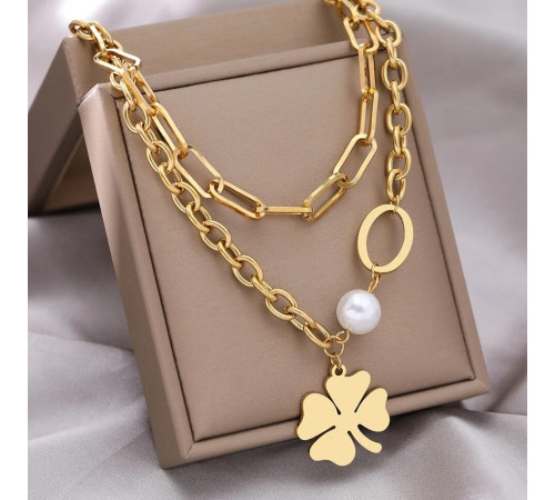 Золота підвіска Чокер Чотирилистий конюшина з перлиною на удачу та здоров'я