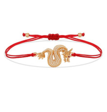 Тибетський браслет Імператорський Золотий Дракон із фіанітами на червоній нитці для Багатства, Здоров'я та удачі