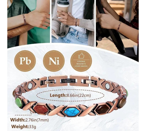 Турмаліновий Мідний Браслет Лілія самоцвіт із натуральними каменями та магнітами для здоров'я, гармонії та захисту