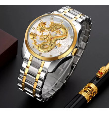 Золотий годинник із Драконом зі світними стрілками та фіанітами з білим циферблатом для Великої удачі 9 період