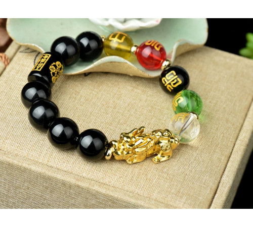 Браслет Золотий Пі Яо з Чорного Агата Онікса з намистиною Дзі 5 різновидів Багатства з мантрами для бажань 9 період