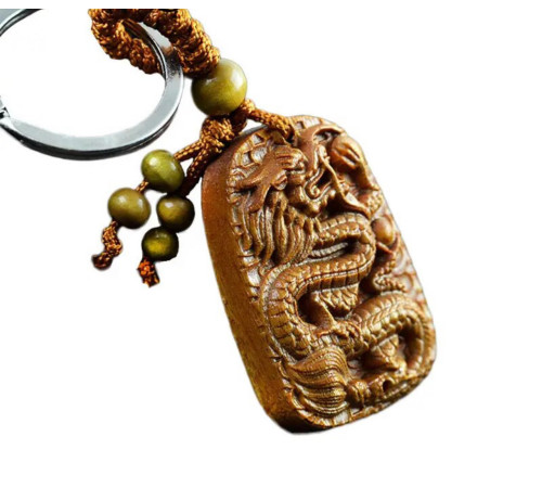 Брелок Дракон Дерев'яний для достатку, удачі, захисту та здоров'я із сакральною мантрою та символом Успіху