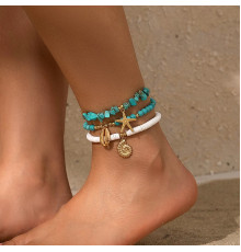 Вінтажний Малазійський кораловий із бірюзою браслет-ланцюжок на ногу морська Зірка та Мушля для удачі