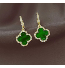 Тибетські Позолочені Сережки з Чотирилисним Клевером емаль і фіанітами для Багатства та удачі