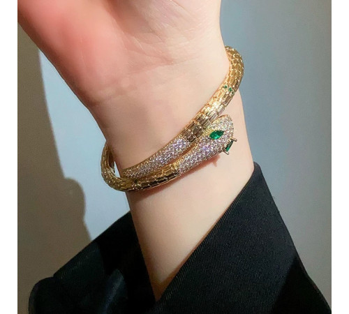 Золотий Браслет Змія зі смарагдом і фіанітами для удачі, Захисти, Здоров'я та здійснення Желань на 20 років