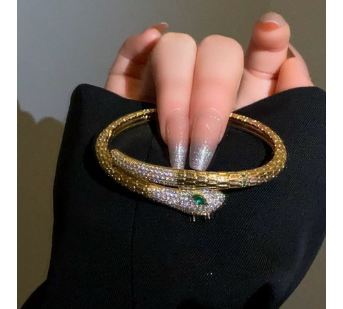 Золотий Браслет Змія зі смарагдом і фіанітами для удачі, Захисти, Здоров'я та здійснення Желань на 20 років