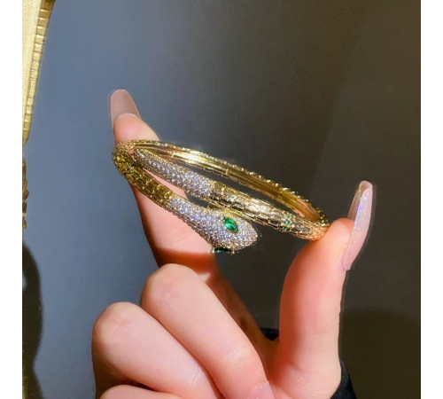 Золотий Браслет Змія зі смарагдом і фіанітами для удачі, Захисти, Здоров'я та здійснення Желань на 20 років