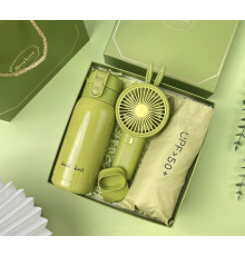 Подарунковий бізнес-набір (Малайзія) — Зелена чашка-термос + вентилятор + складана сонячна парасолька