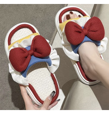 Капці лляні з натурального бамбука з червоним бантом — 39 розмір, біла підошва